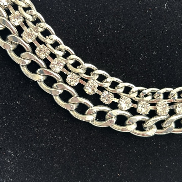Chunky Chain Link Rhinestone Triple Strand Silver Tone Choker Necklace 15โ - Picture 6 of 6